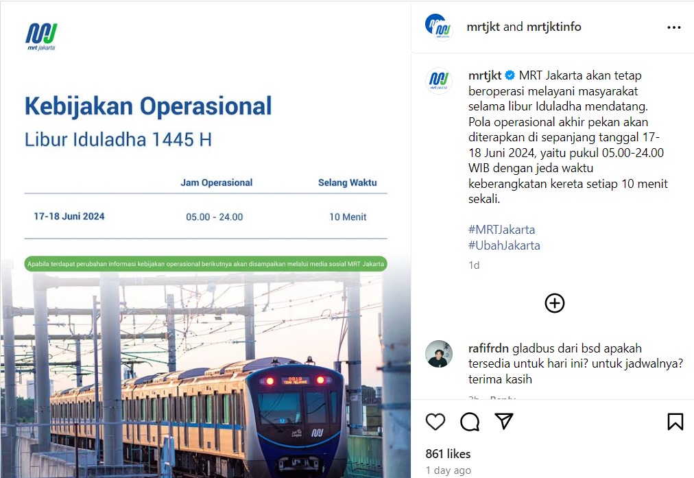 Jadwal Operasional MRT Jakarta saat Libur Idul Adha 1718 Juni 2024